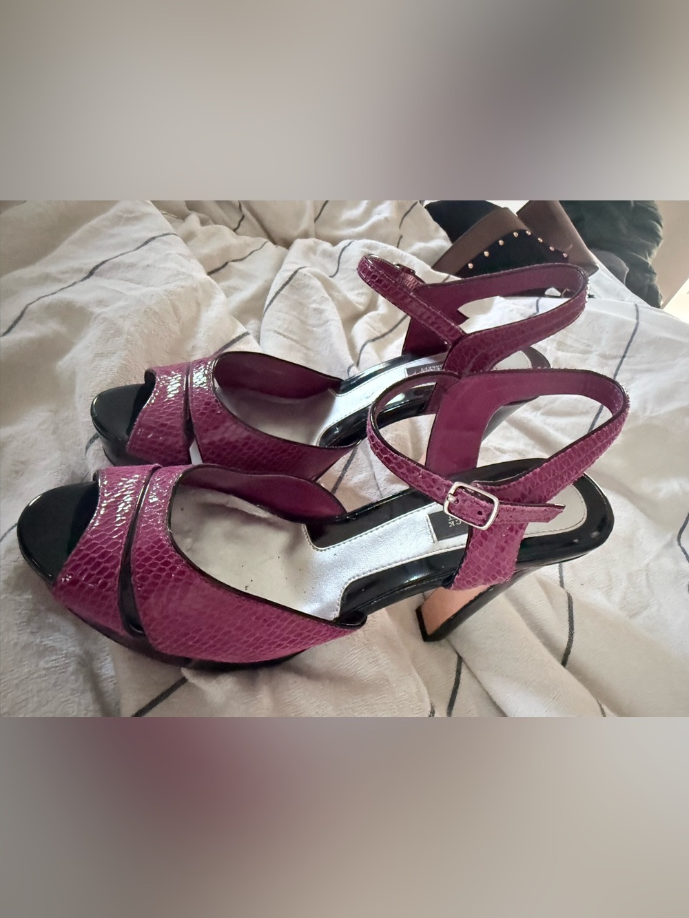 White House Black Market Laci strappy heels in a pink snake-print pattern